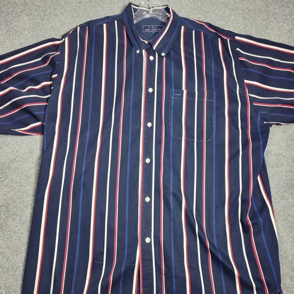 John Ashford Dress Shirt Large ‎ Red White Blue Stripe Casual Button Business